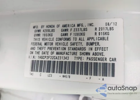 2012 Honda Accord 2.4 Lx из США, поврежденный, VIN 1HGCP2F32CA231343